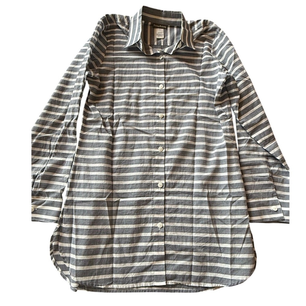 Tommy Bahama Womens Medium Striped Button Down Shirt Tunic Blue White‎ Cotton